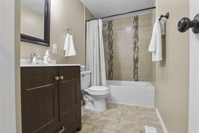 full bathroom with toilet, visible vents, vanity, baseboards, and shower / bath combination with curtain