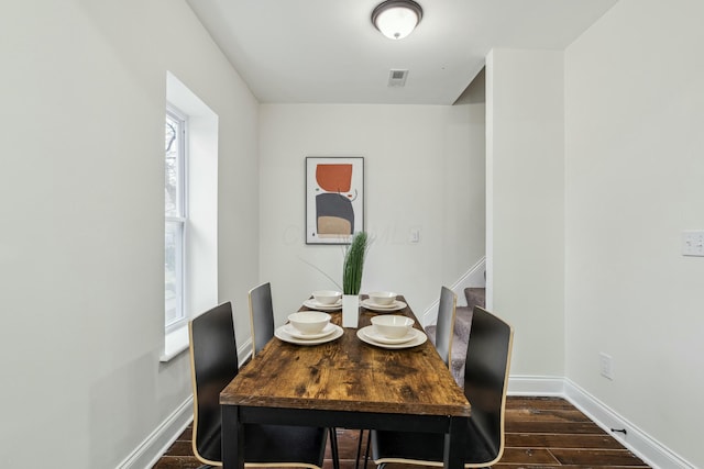 dining area with stairway, visible vents, baseboards, and dark wood-style flooring