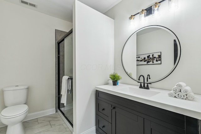 full bath with toilet, visible vents, baseboards, marble finish floor, and a shower stall