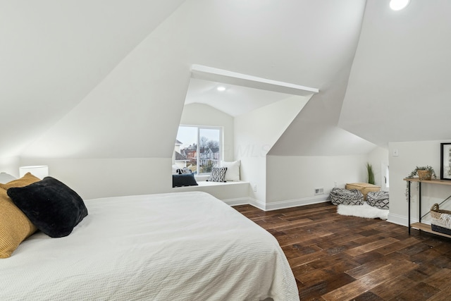 bedroom with wood-type flooring, baseboards, vaulted ceiling, and recessed lighting