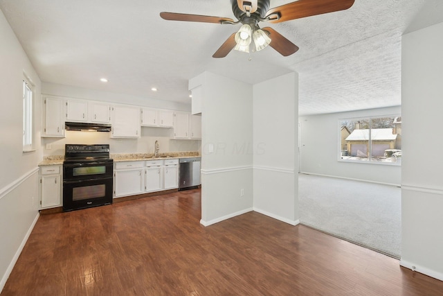 kitchen with range with two ovens, under cabinet range hood, dark wood-type flooring, a sink, and dishwasher