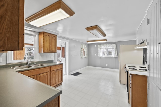 kitchen featuring a healthy amount of sunlight, a sink, white range with electric stovetop, and under cabinet range hood