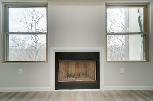 details with a fireplace, wood finished floors, and baseboards