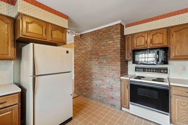 kitchen featuring light countertops, brown cabinetry, ornamental molding, brick wall, and white appliances