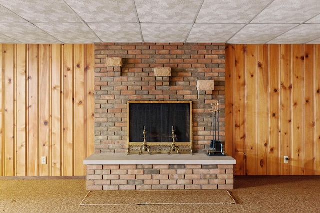 interior details featuring wooden walls and carpet flooring