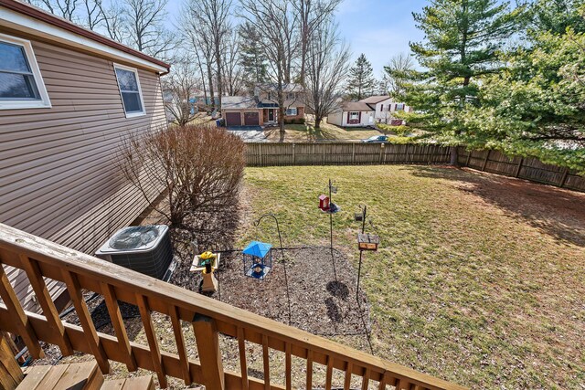 view of yard featuring a fenced backyard, a residential view, and cooling unit