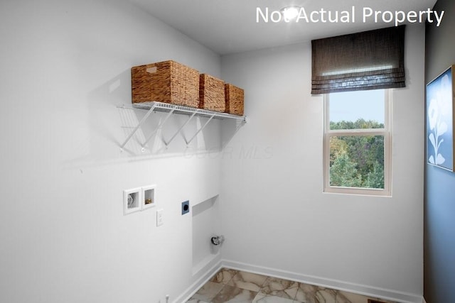 washroom with laundry area, baseboards, marble finish floor, hookup for an electric dryer, and washer hookup