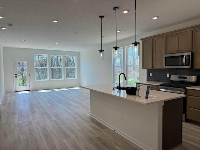 kitchen featuring light wood finished floors, a wealth of natural light, appliances with stainless steel finishes, and a center island with sink