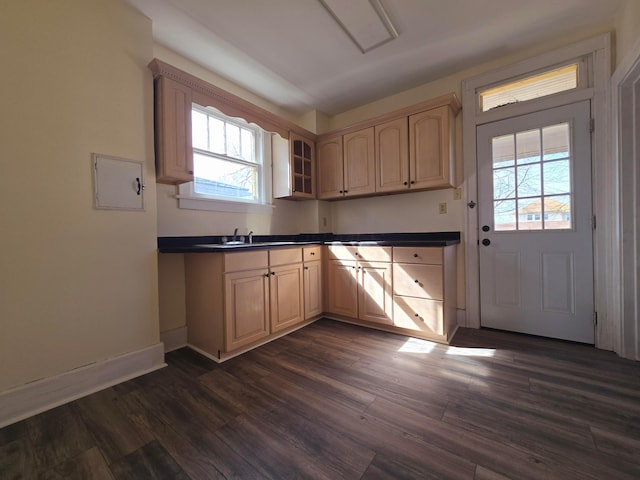 kitchen featuring light brown cabinets, a sink, baseboards, dark countertops, and dark wood finished floors