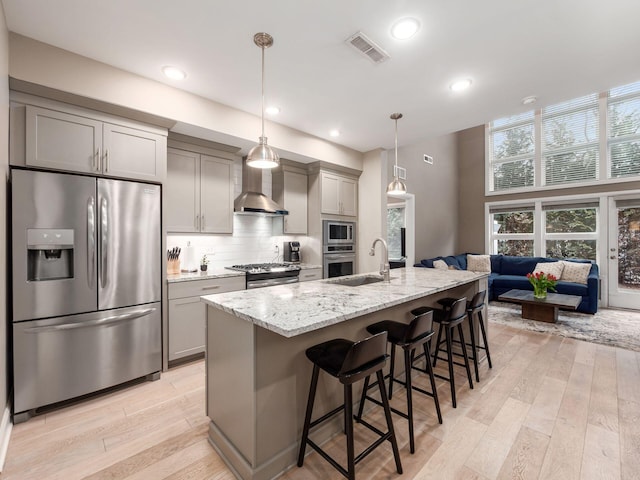 kitchen featuring visible vents, wall chimney exhaust hood, appliances with stainless steel finishes, gray cabinetry, and a sink