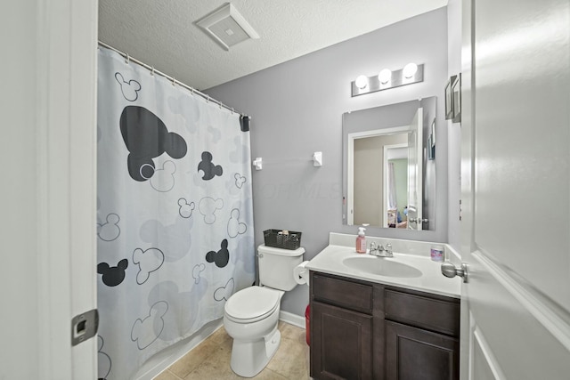 full bathroom featuring visible vents, toilet, a textured ceiling, tile patterned flooring, and vanity