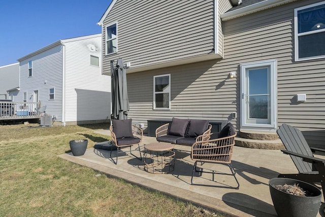 view of patio / terrace featuring an outdoor living space, central AC unit, a deck, and entry steps