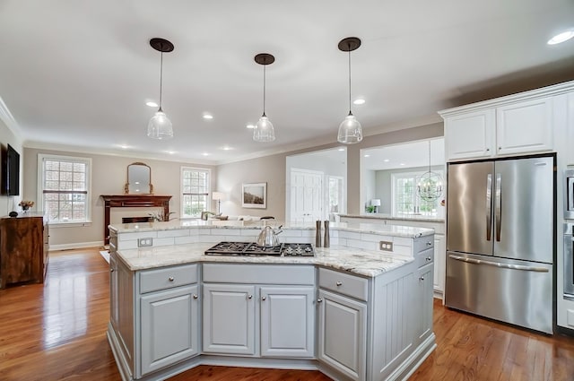 kitchen with ornamental molding, open floor plan, wood finished floors, a center island, and stainless steel appliances