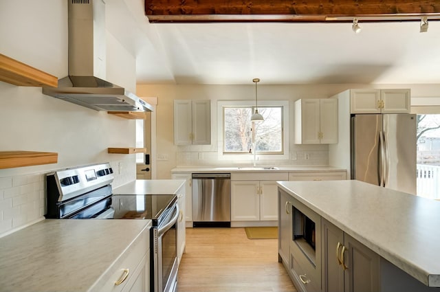 kitchen featuring a sink, wall chimney exhaust hood, a healthy amount of sunlight, and stainless steel appliances