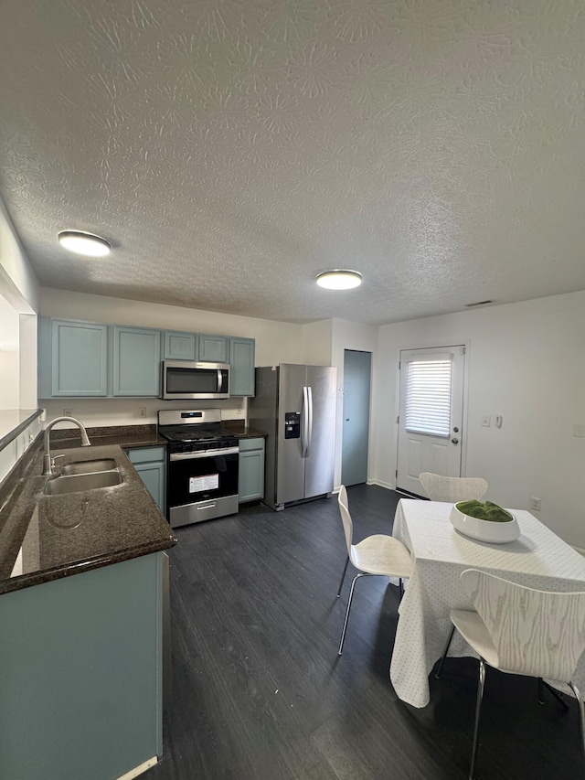 kitchen with a textured ceiling, dark wood finished floors, stainless steel appliances, and a sink