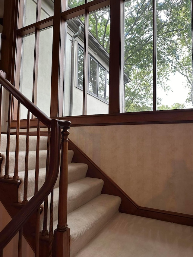 stairs featuring carpet floors and baseboards