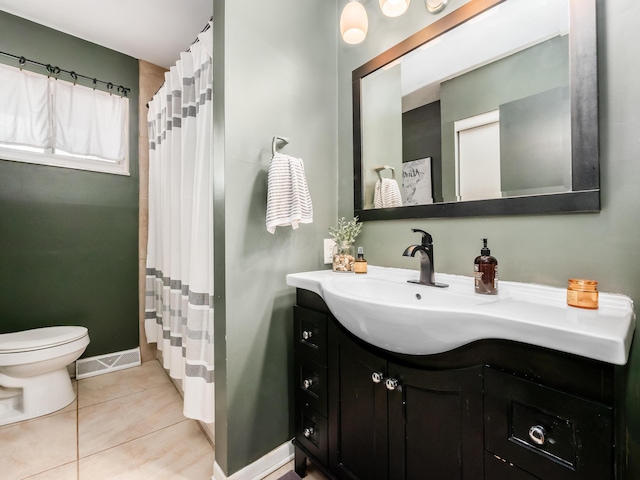 full bath featuring visible vents, baseboards, toilet, tile patterned flooring, and vanity