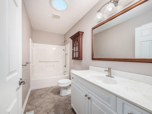 bathroom featuring vanity, visible vents, shower / tub combination, tile patterned floors, and toilet