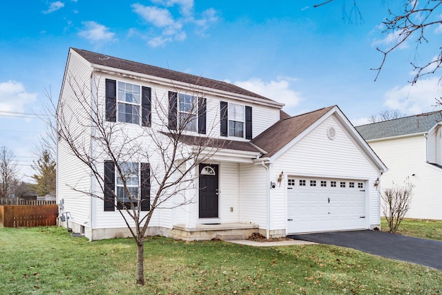 view of front of house with aphalt driveway, a garage, a shingled roof, fence, and a front yard