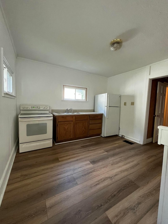 kitchen featuring a wealth of natural light, brown cabinets, dark wood-type flooring, a sink, and white appliances