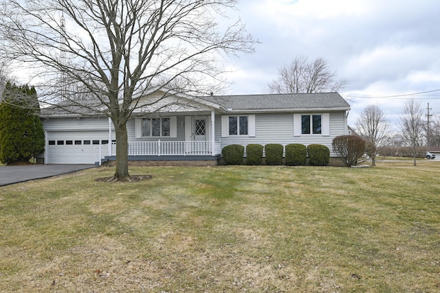 ranch-style home with aphalt driveway, a porch, an attached garage, a shingled roof, and a front yard