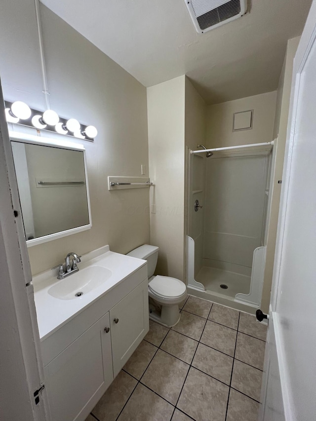 bathroom with a stall shower, visible vents, toilet, tile patterned flooring, and vanity