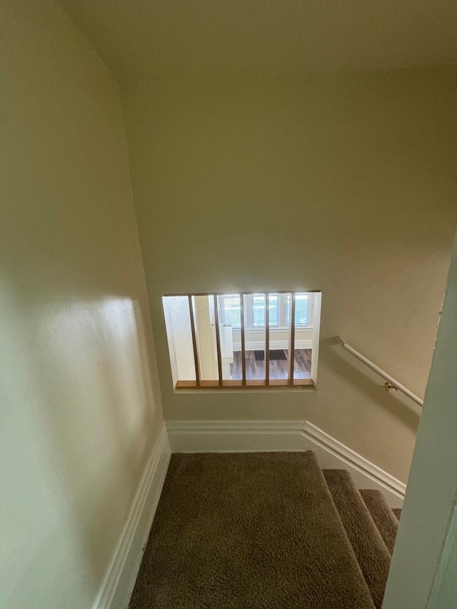 staircase featuring carpet flooring and baseboards