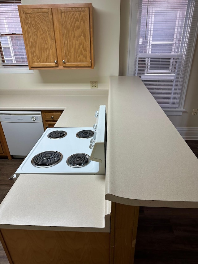 kitchen with light countertops, electric range oven, dark wood-type flooring, brown cabinetry, and white dishwasher