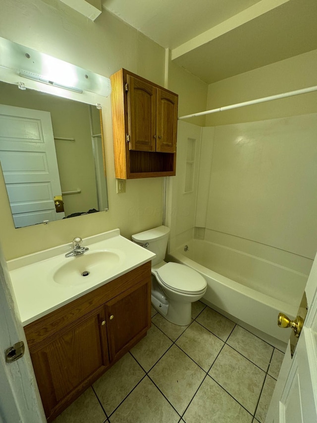 bathroom with toilet, bathing tub / shower combination, tile patterned flooring, and vanity