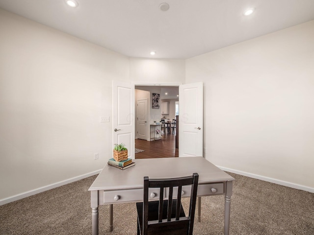 office space with recessed lighting, carpet flooring, and baseboards