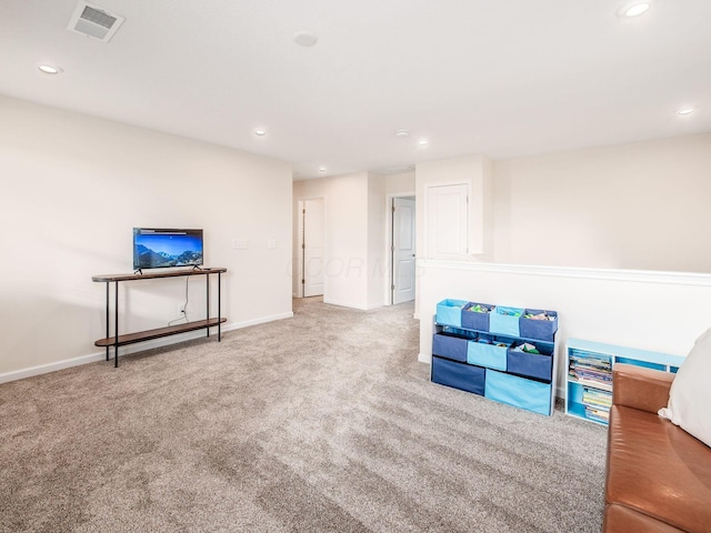 game room featuring baseboards, carpet flooring, visible vents, and recessed lighting