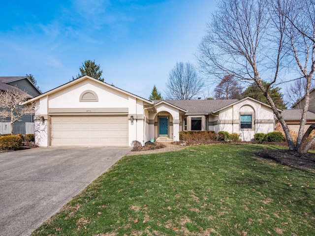 ranch-style house featuring concrete driveway, a front lawn, an attached garage, and stucco siding