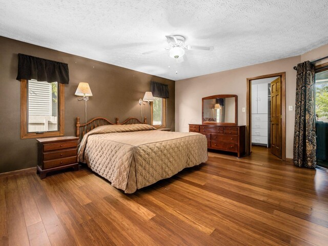 bedroom with multiple windows, ceiling fan, a textured ceiling, and wood finished floors