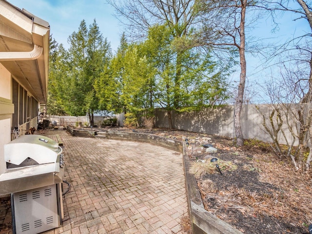 view of patio / terrace featuring a fenced backyard and area for grilling