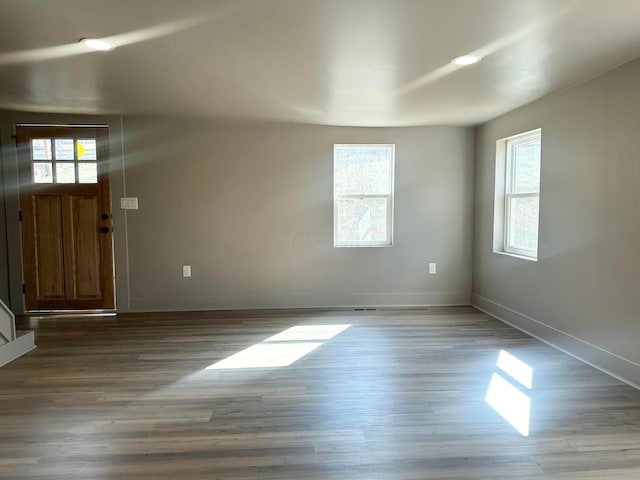 foyer entrance featuring a wealth of natural light, baseboards, and wood finished floors