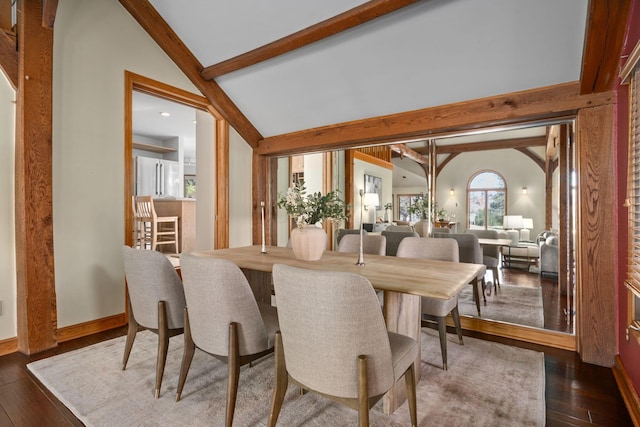 dining area featuring lofted ceiling with beams, dark wood-type flooring, and baseboards