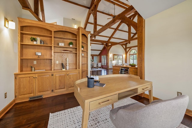 office with baseboards, visible vents, dark wood finished floors, wine cooler, and high vaulted ceiling