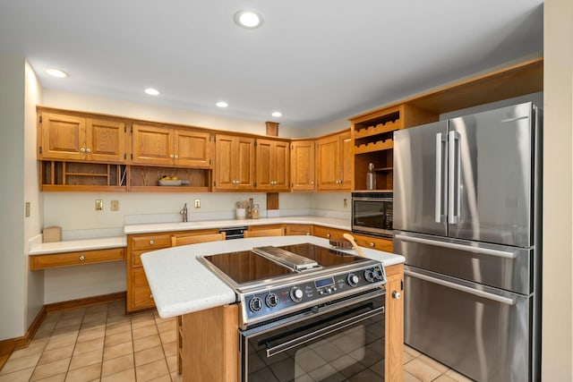 kitchen with light countertops, electric stove, freestanding refrigerator, built in microwave, and open shelves