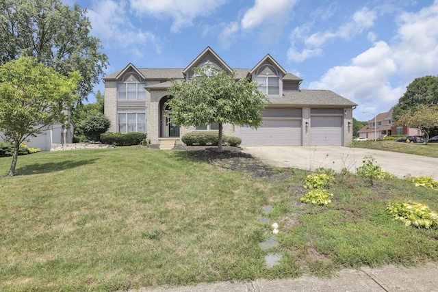 view of front of home with concrete driveway, brick siding, and a front lawn