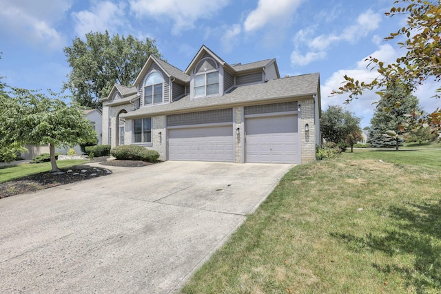 view of front of house featuring a garage, brick siding, driveway, roof with shingles, and a front yard