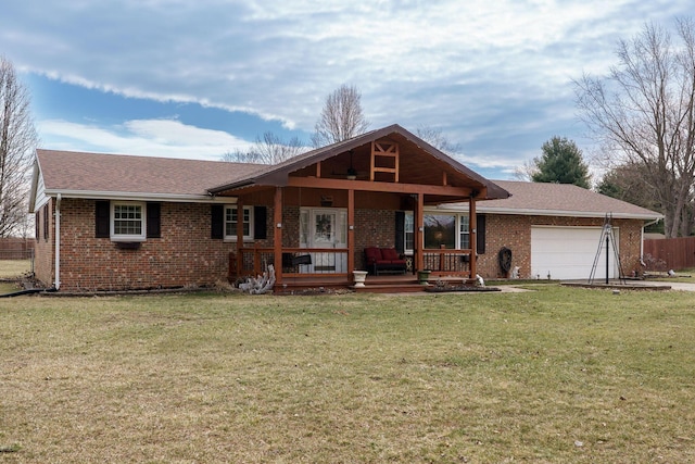 ranch-style home with an attached garage, covered porch, a front lawn, and brick siding