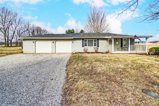 single story home with a garage, gravel driveway, a porch, and a front lawn