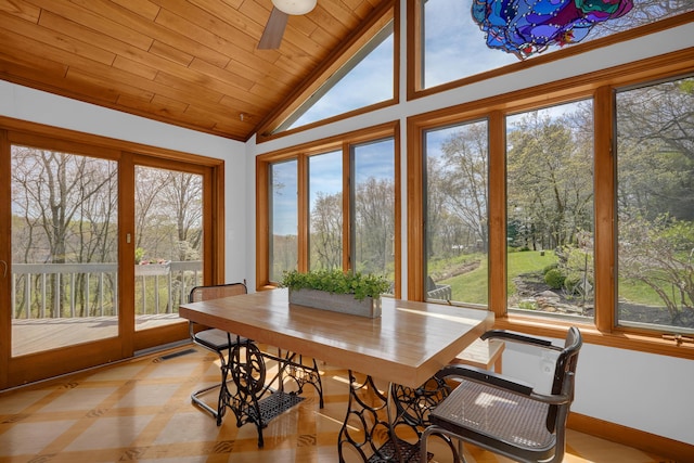 sunroom featuring vaulted ceiling, visible vents, wooden ceiling, and a wealth of natural light