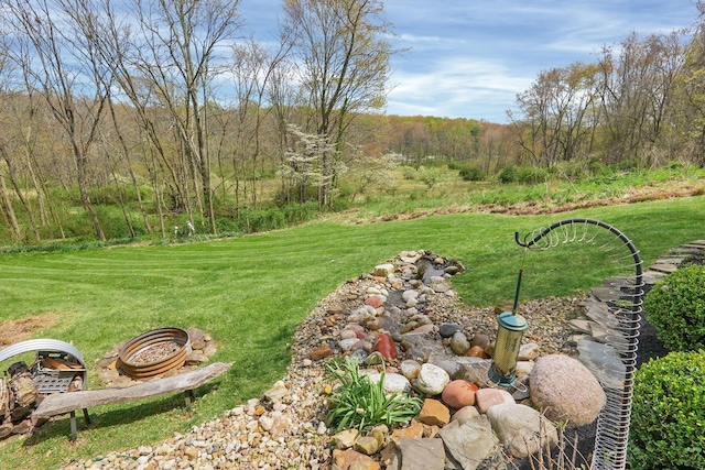 view of yard featuring a forest view and an outdoor fire pit