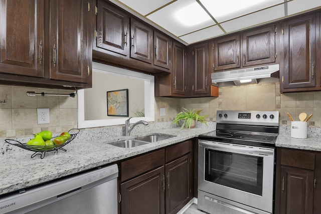 kitchen with under cabinet range hood, dark brown cabinets, stainless steel appliances, and a sink