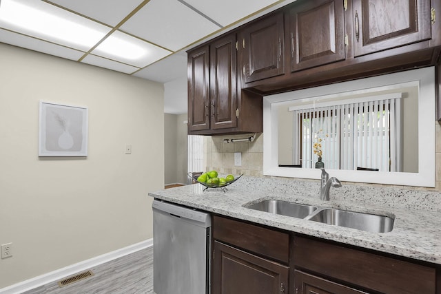 kitchen featuring visible vents, backsplash, stainless steel dishwasher, dark brown cabinetry, and a sink