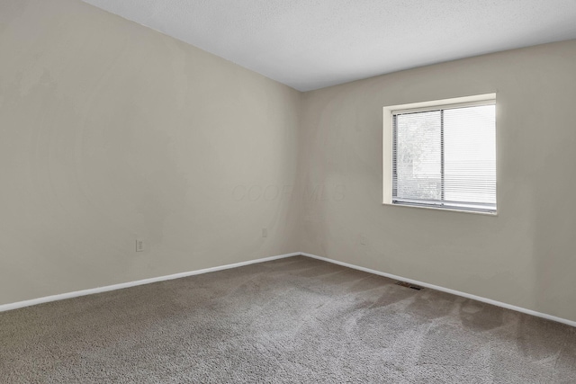 spare room featuring carpet, a textured ceiling, and baseboards