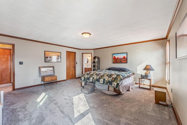 bedroom with baseboards, carpet floors, and ornamental molding