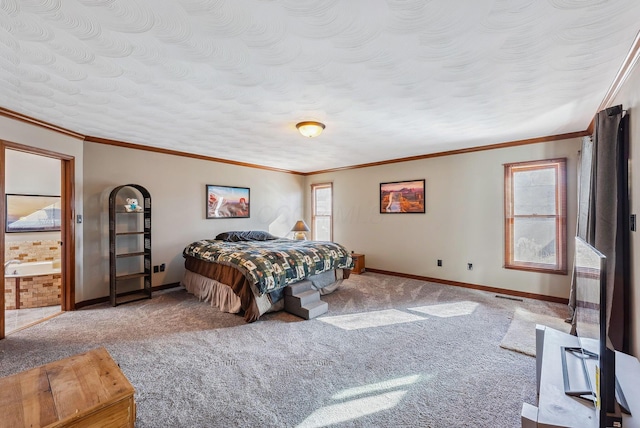 carpeted bedroom featuring visible vents, baseboards, a textured ceiling, and crown molding