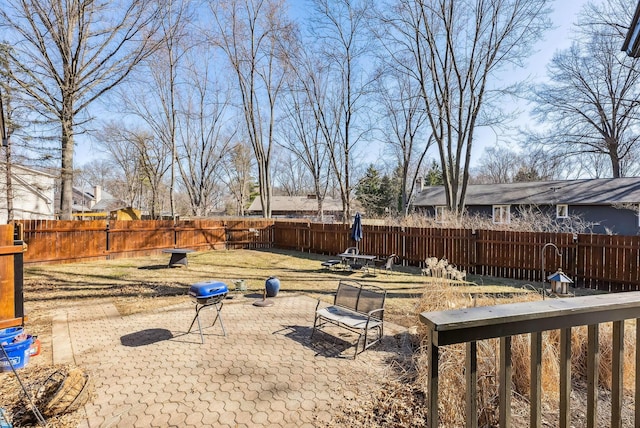 view of yard with a patio and a fenced backyard